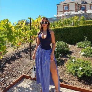 Lovers + Friends Navy Halter Top with Blue Striped High-Slit Maxi Skirt